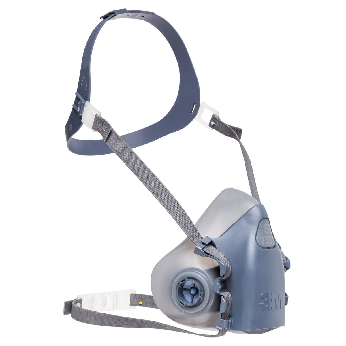 Mặt nạ nửa mặt 3M 7501 cùng dòng 7500 với 7502, nhìn nghiêng: bộ dây đầu và khung giữ phin – ảnh chính hãng 3M