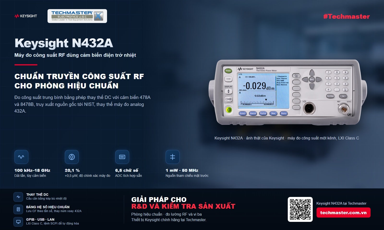 Banner máy đo công suất điện trở nhiệt Keysight N432A: 100 kHz đến 18 GHz, độ chính xác máy đo ±(0,1 % + 0,5 µW), ADC 6,5 chữ số, nguồn tham chiếu 1 mW 50 MHz