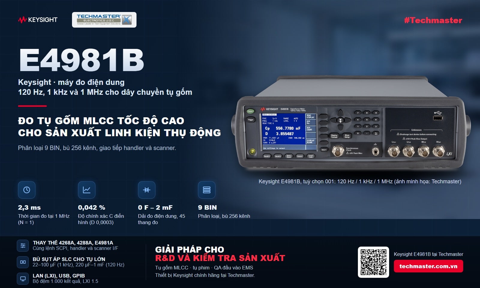 Máy đo điện dung Keysight E4981B 120 Hz, 1 kHz, 1 MHz: đo từ 2,3 ms, chính xác 0,042 %, 0 F tới 2 mF, 9 BIN cho dây chuyền tụ gốm MLCC