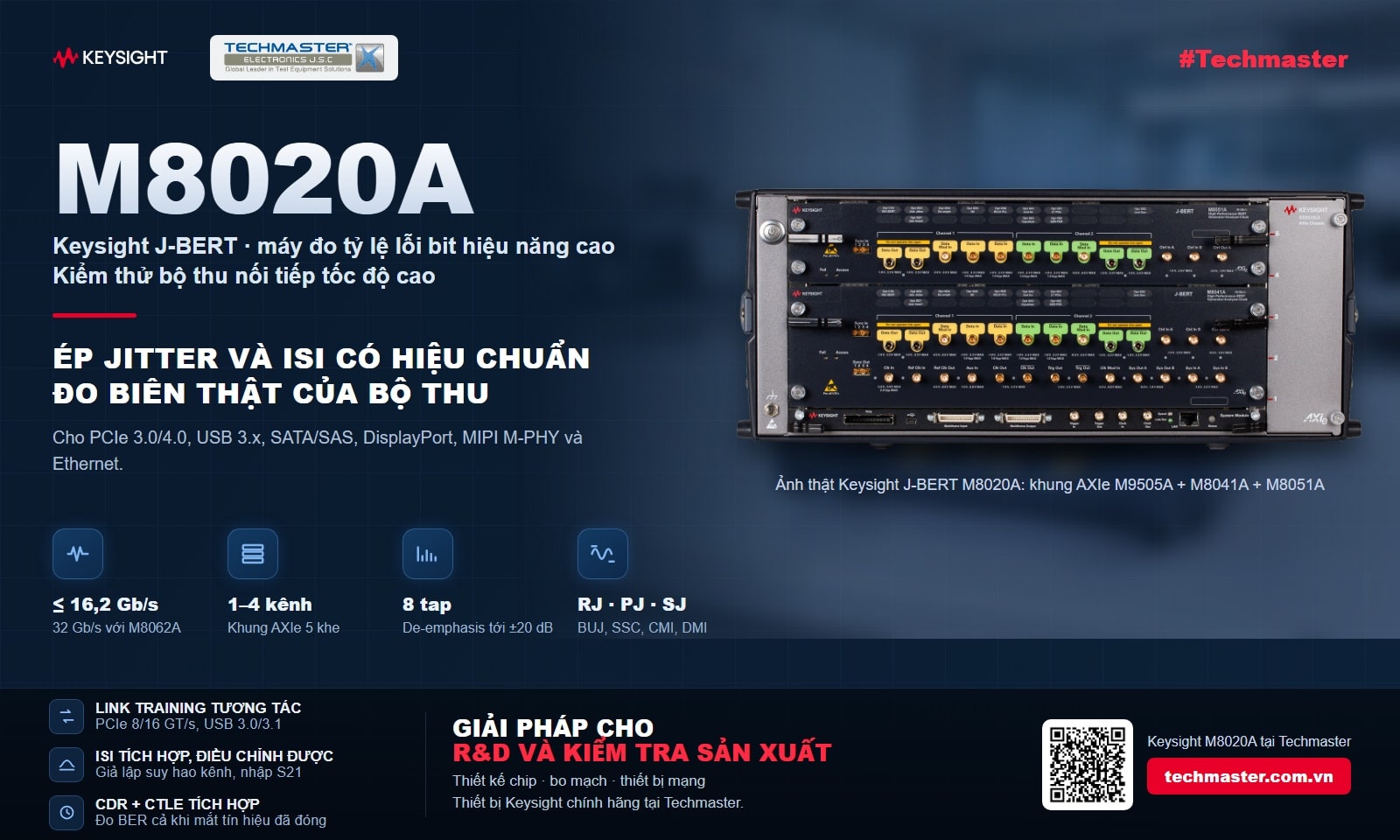 Banner máy đo tỷ lệ lỗi bit Keysight J-BERT M8020A: tới 16,2 Gb/s, 1–4 kênh trong khung AXIe 5 khe, ảnh thật M9505A với module M8041A và M8051A