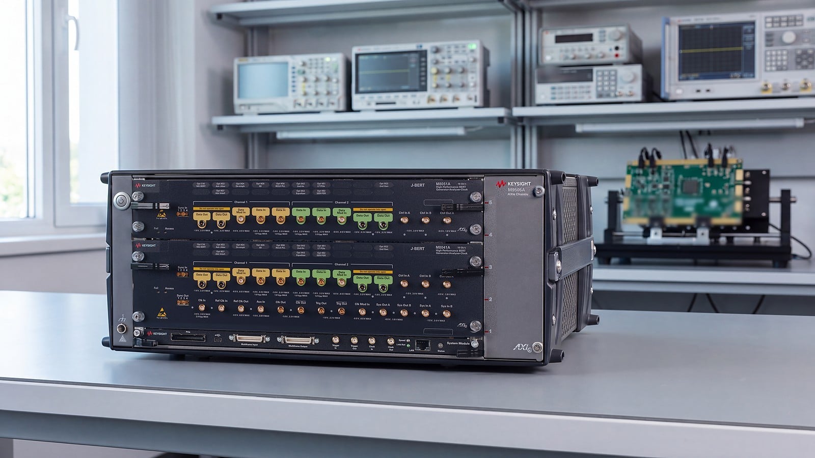 Máy đo tỷ lệ lỗi bit Keysight M8020A J-BERT trên bàn đo trong phòng lab thiết kế điện tử tốc độ cao
