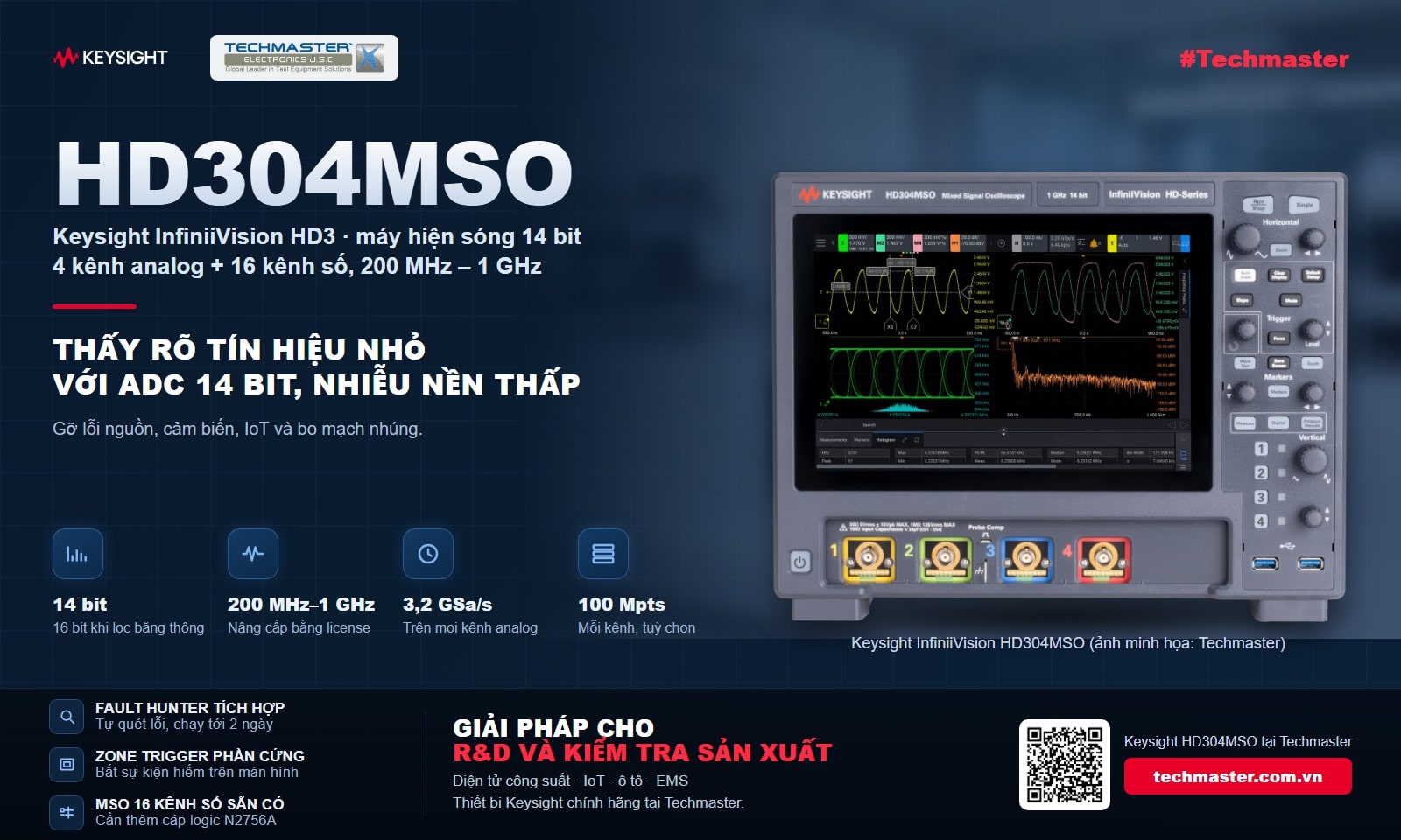 Banner máy hiện sóng 14 bit Keysight InfiniiVision HD304MSO: 200 MHz–1 GHz, 3,2 GSa/s mỗi kênh, bộ nhớ 100 Mpts, 4 kênh analog và 16 kênh số