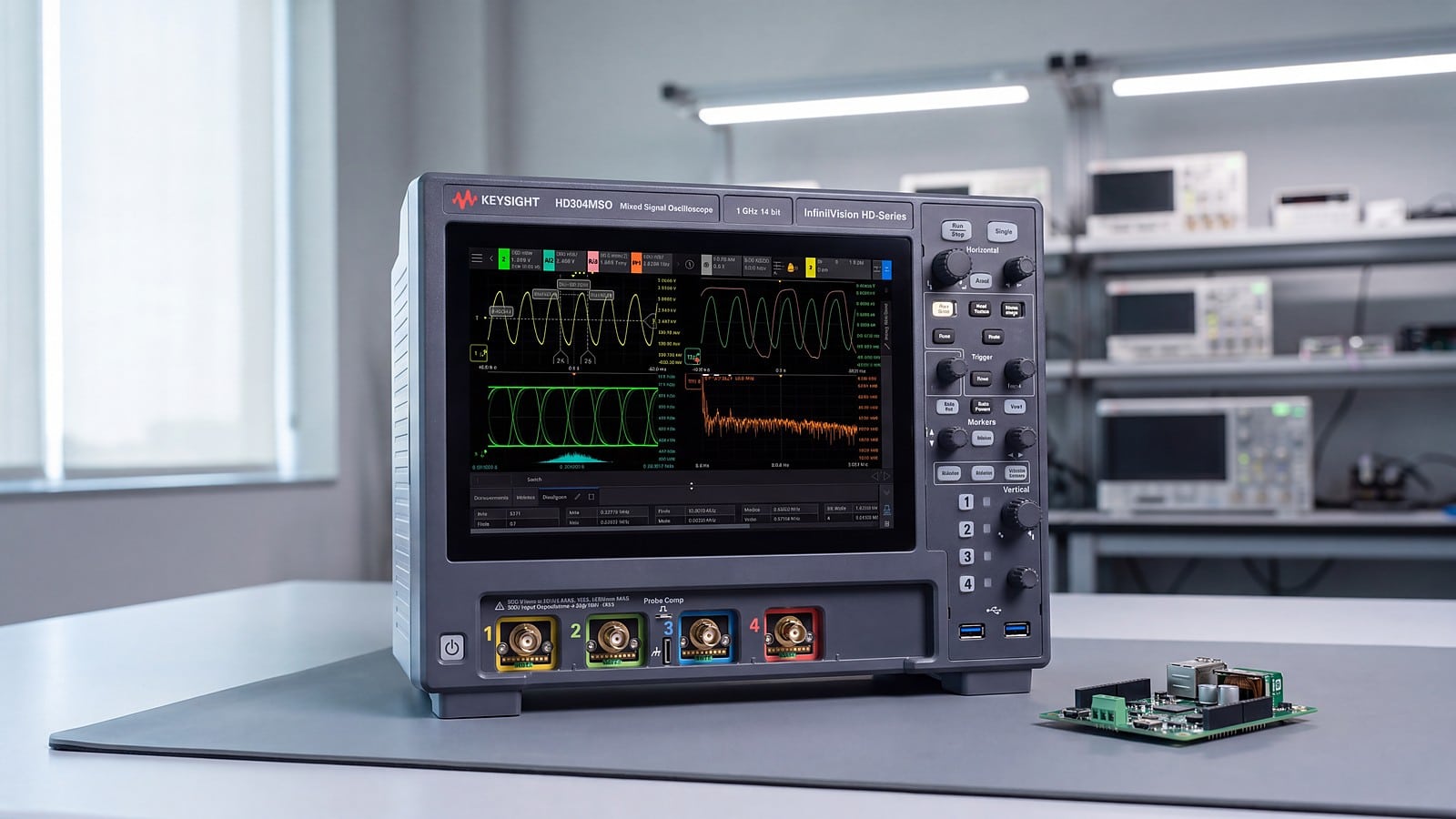 Máy hiện sóng 14 bit Keysight HD304MSO trên bàn đo phòng lab R&D điện tử cạnh bo mạch nguồn IoT