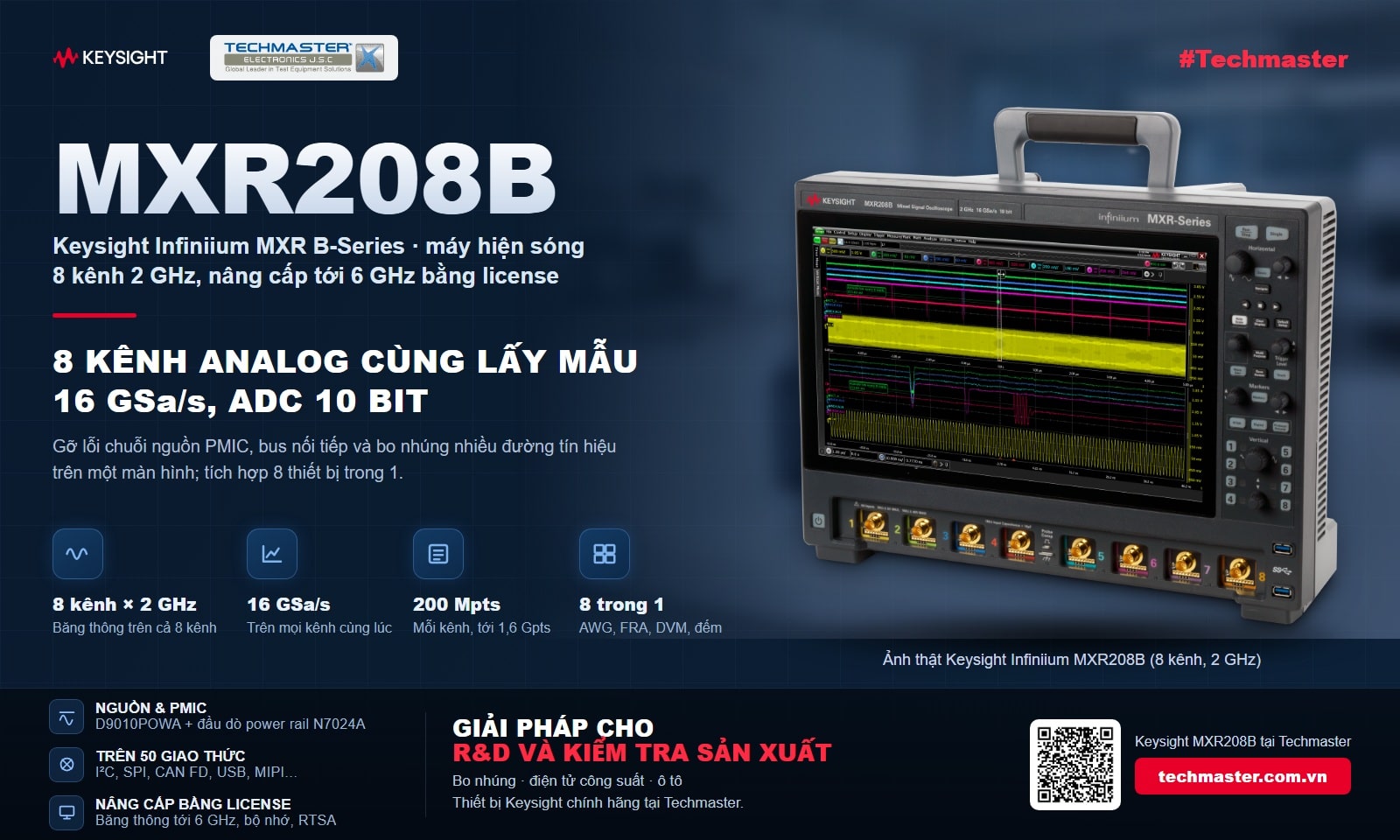 Banner máy hiện sóng 8 kênh Keysight MXR208B dòng Infiniium MXR B-Series: 2 GHz, 16 GSa/s, ADC 10 bit, 200 Mpts mỗi kênh