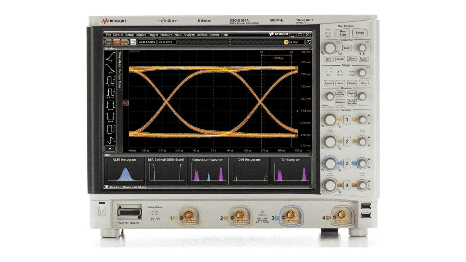 Mặt trước Keysight DSOS054A với màn hình cảm ứng 15 inch, 4 kênh BNC và núm điều khiển