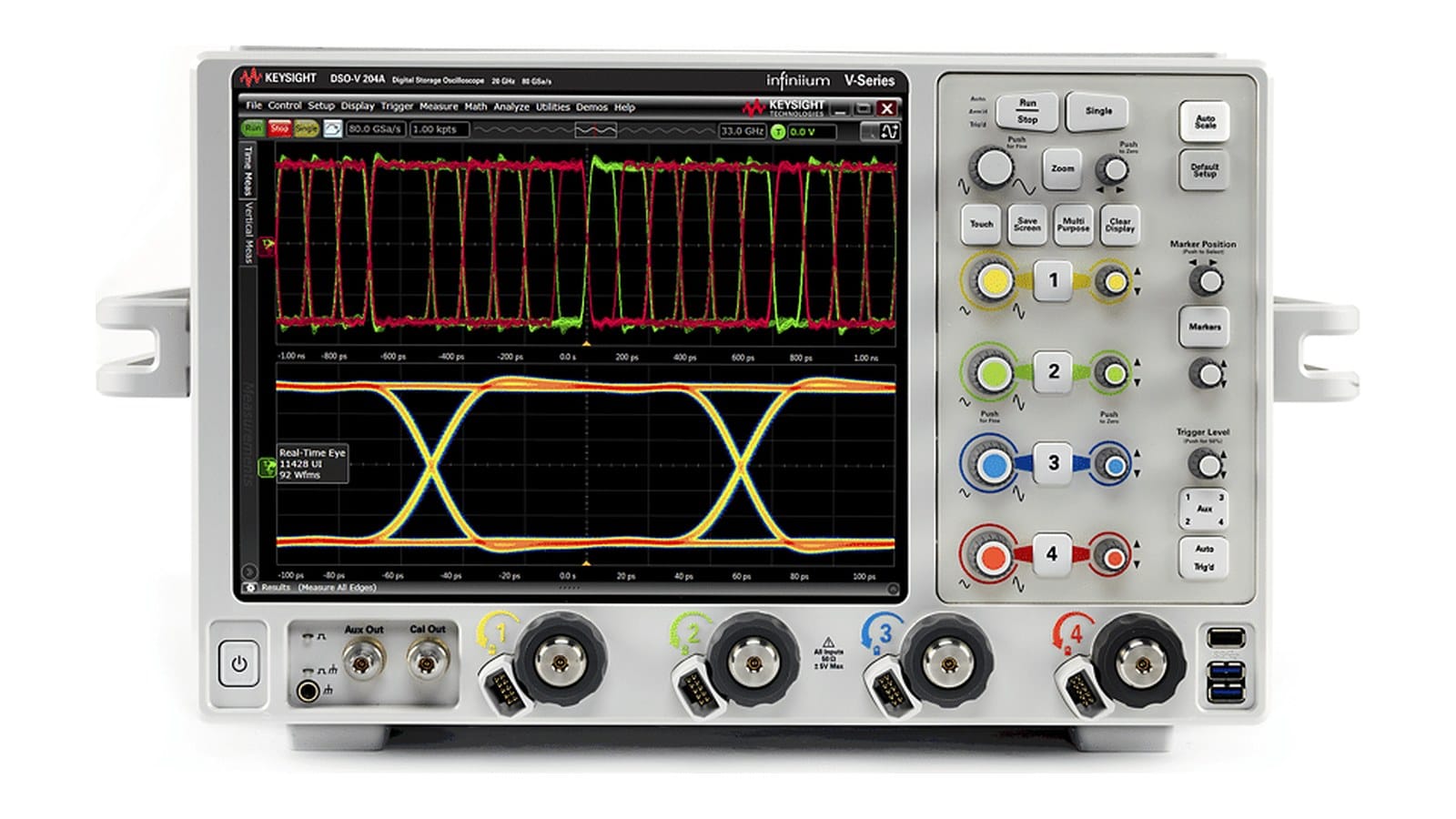 Mặt trước Keysight DSOV254A với màn hình cảm ứng 15,4 inch và bốn cổng vào 3,5 mm