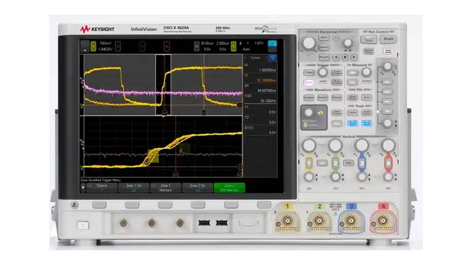 Mặt trước máy hiện sóng Keysight DSOX4024A với cụm phím điều khiển và bốn ngõ vào kênh