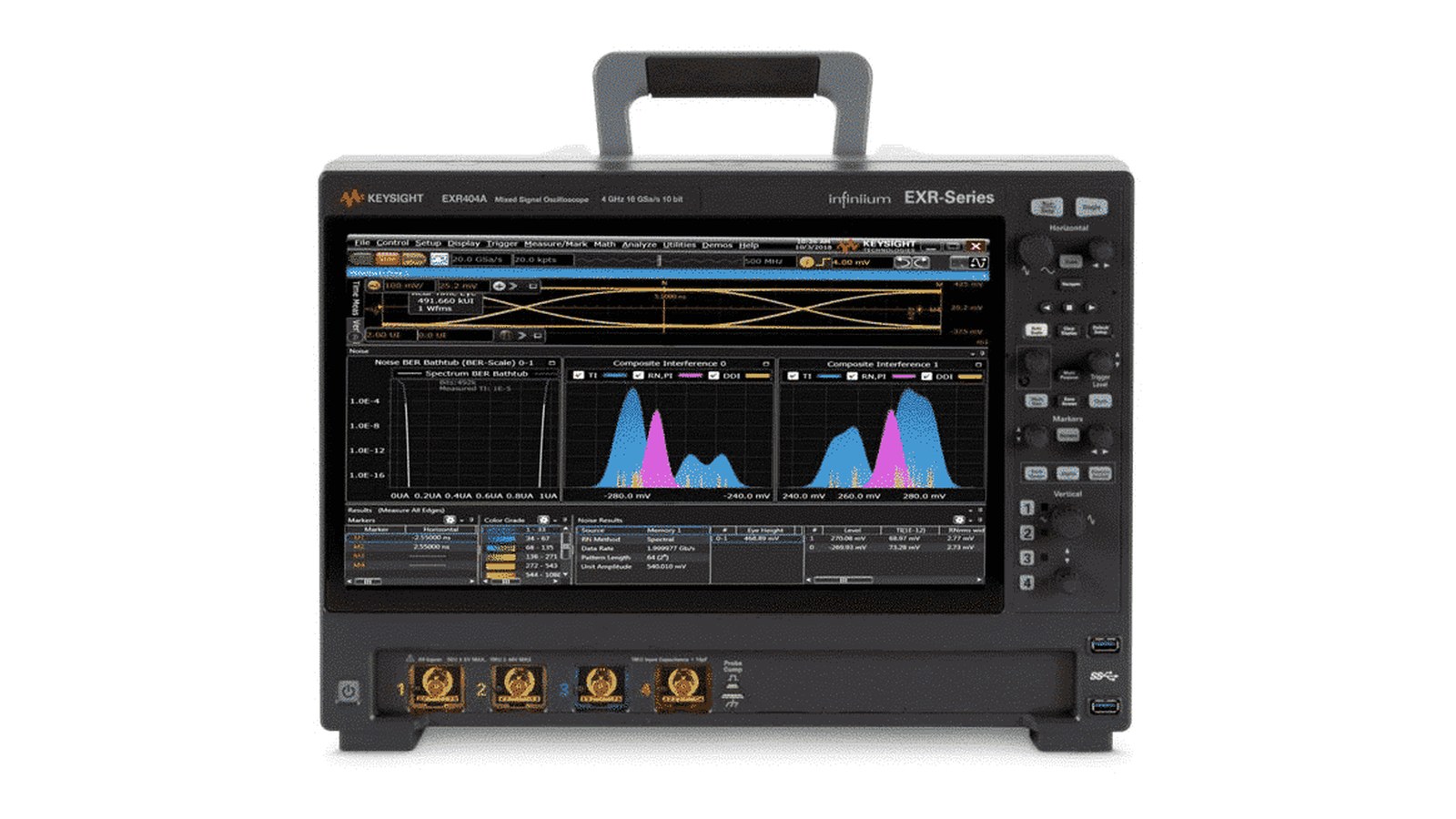 Mặt trước Keysight EXR404A với 4 cổng kênh analog và màn hình cảm ứng 15,6 inch