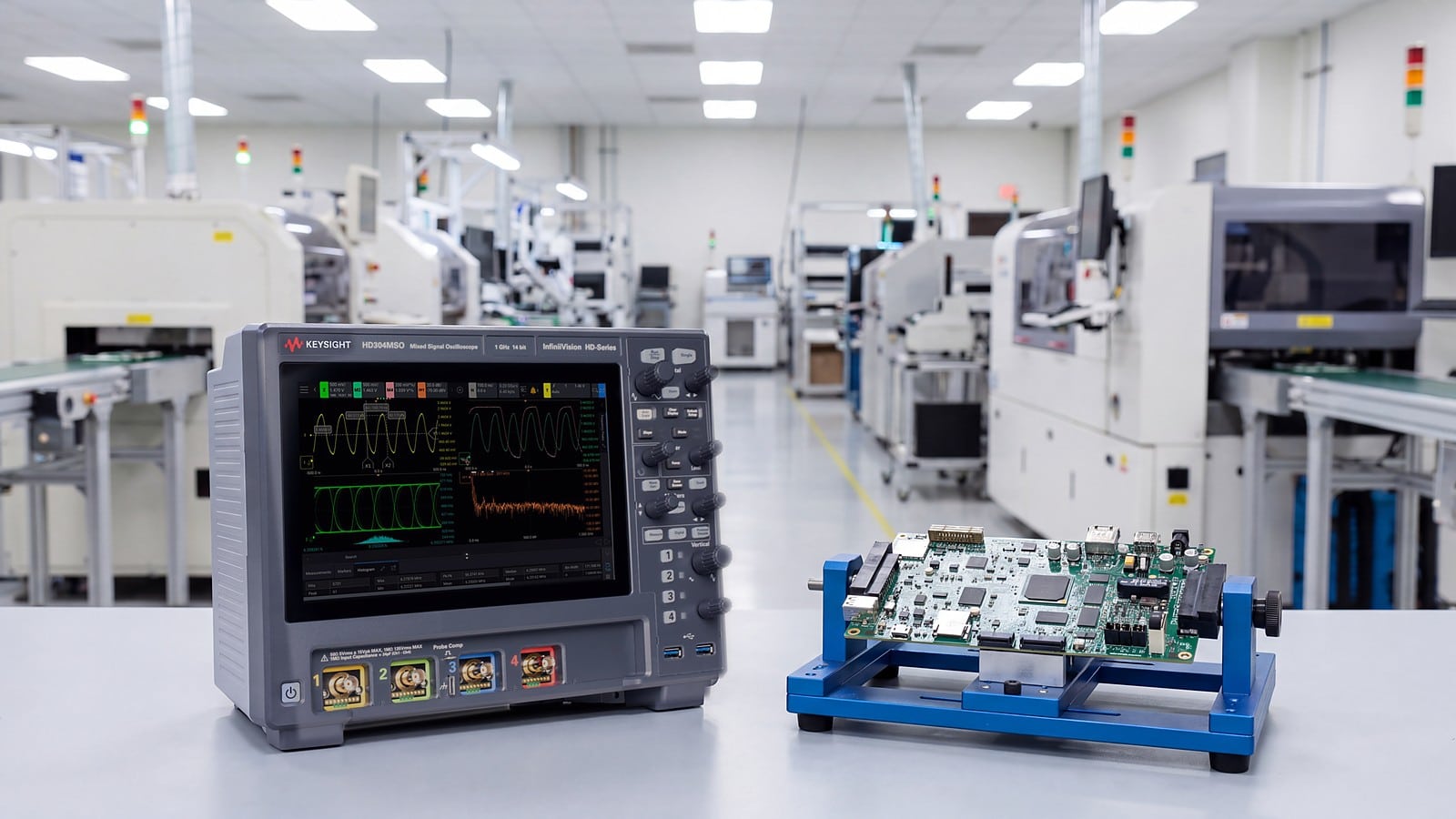 Máy hiện sóng Keysight InfiniiVision HD304MSO tại trạm kiểm tra bo mạch PCBA trong nhà máy EMS