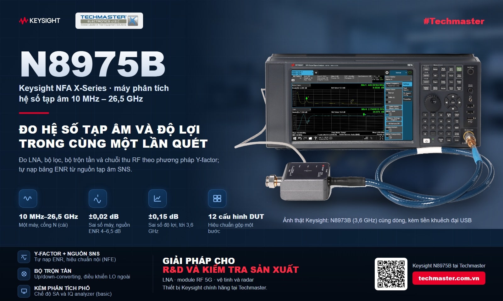 Banner máy phân tích hệ số tạp âm Keysight N8975B dòng NFA X-Series 10 MHz – 26,5 GHz; ảnh máy là bản N8973B cùng dòng kèm tiền khuếch đại USB