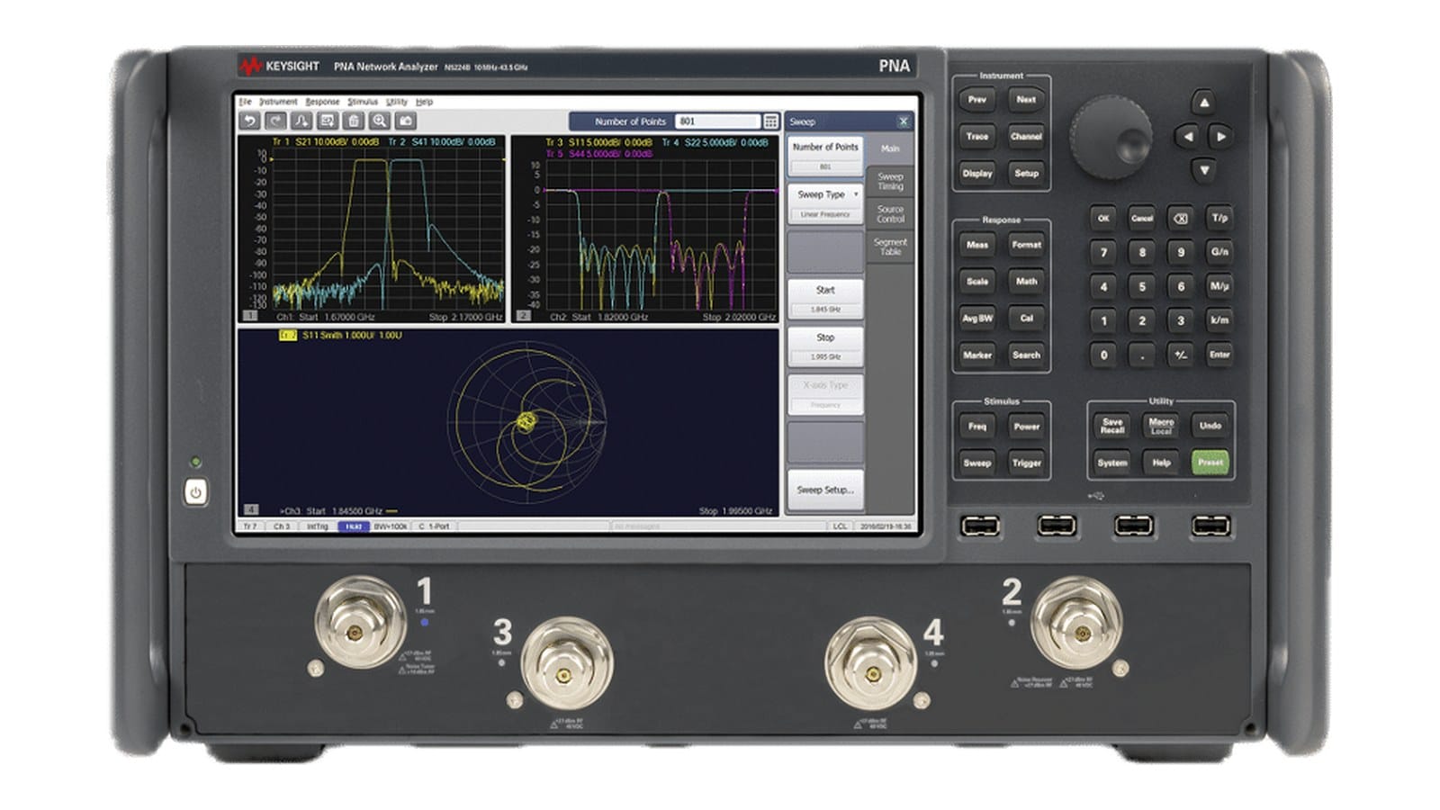 Máy phân tích mạng Keysight N5224B đo mô-đun 5G sóng milimet trên bàn thử