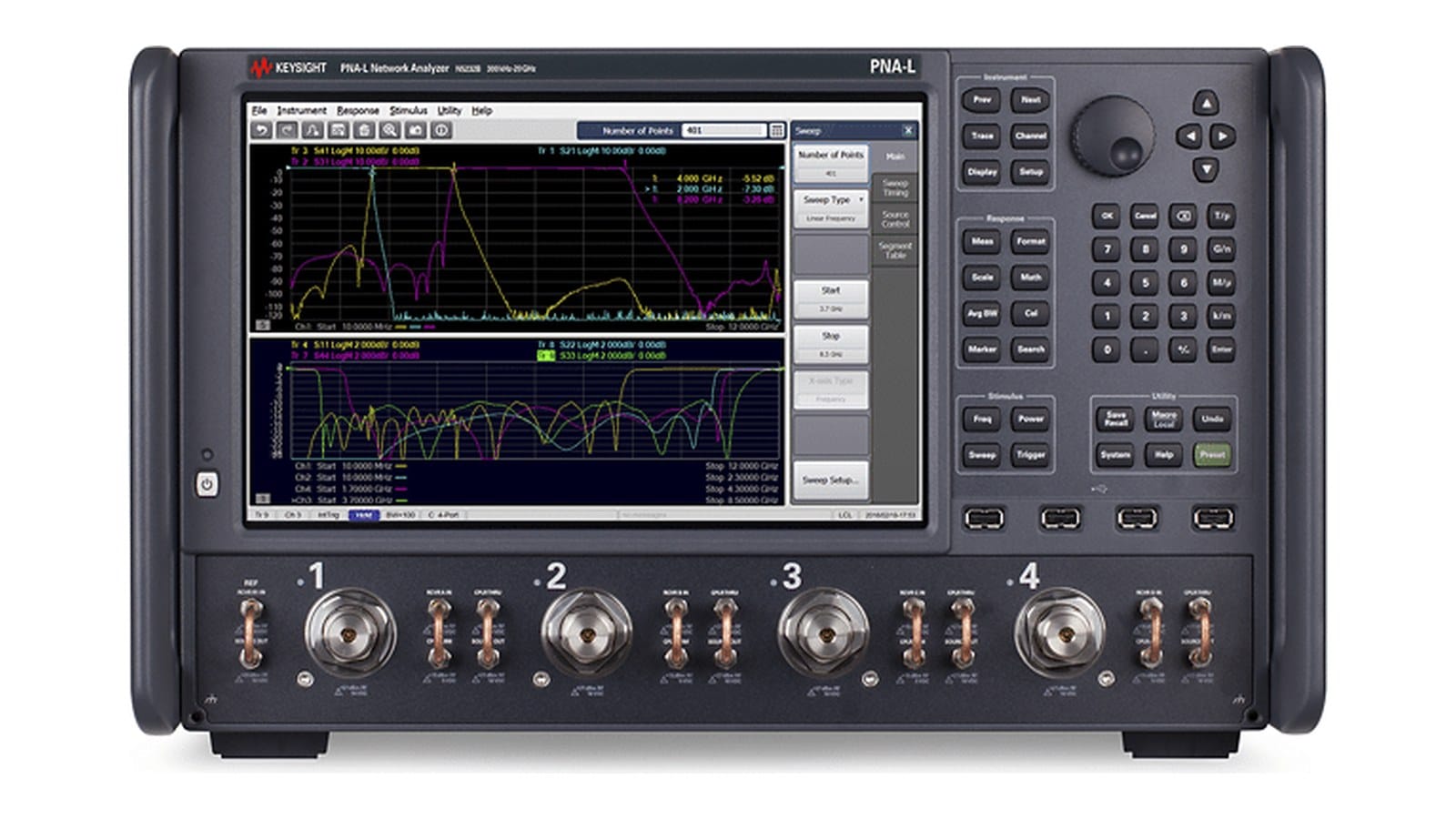 Mặt trước máy phân tích mạng Keysight N5232B với các cổng đo 3,5 mm