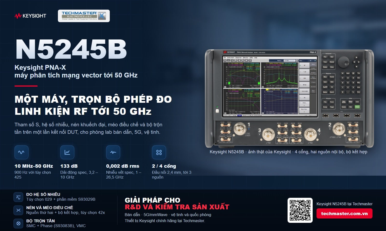 Máy phân tích mạng PNA-X Keysight N5245B: 10 MHz đến 50 GHz, dải động 133 dB spec, nhiễu vết 0,002 dB rms, 2 hoặc 4 cổng 2,4 mm
