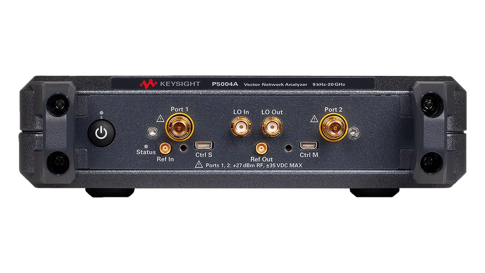 Mặt trước Keysight P5004A với hai cổng đo 3,5 mm và đầu chuẩn tần số MCX