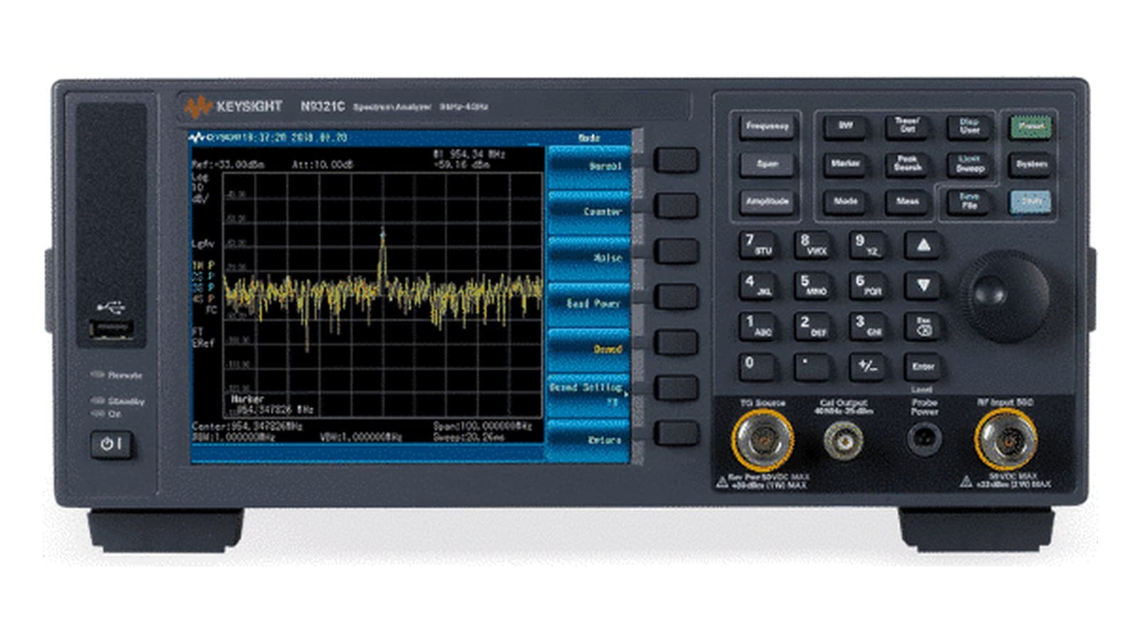 Mặt trước máy phân tích phổ Keysight N9321C với màn hình 6,5 inch và cổng RF IN