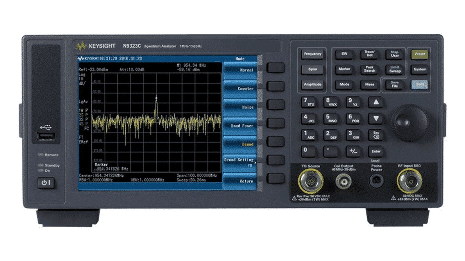 Mặt trước máy phân tích phổ Keysight N9323C với màn hình 6,5 inch và cổng RF N-type