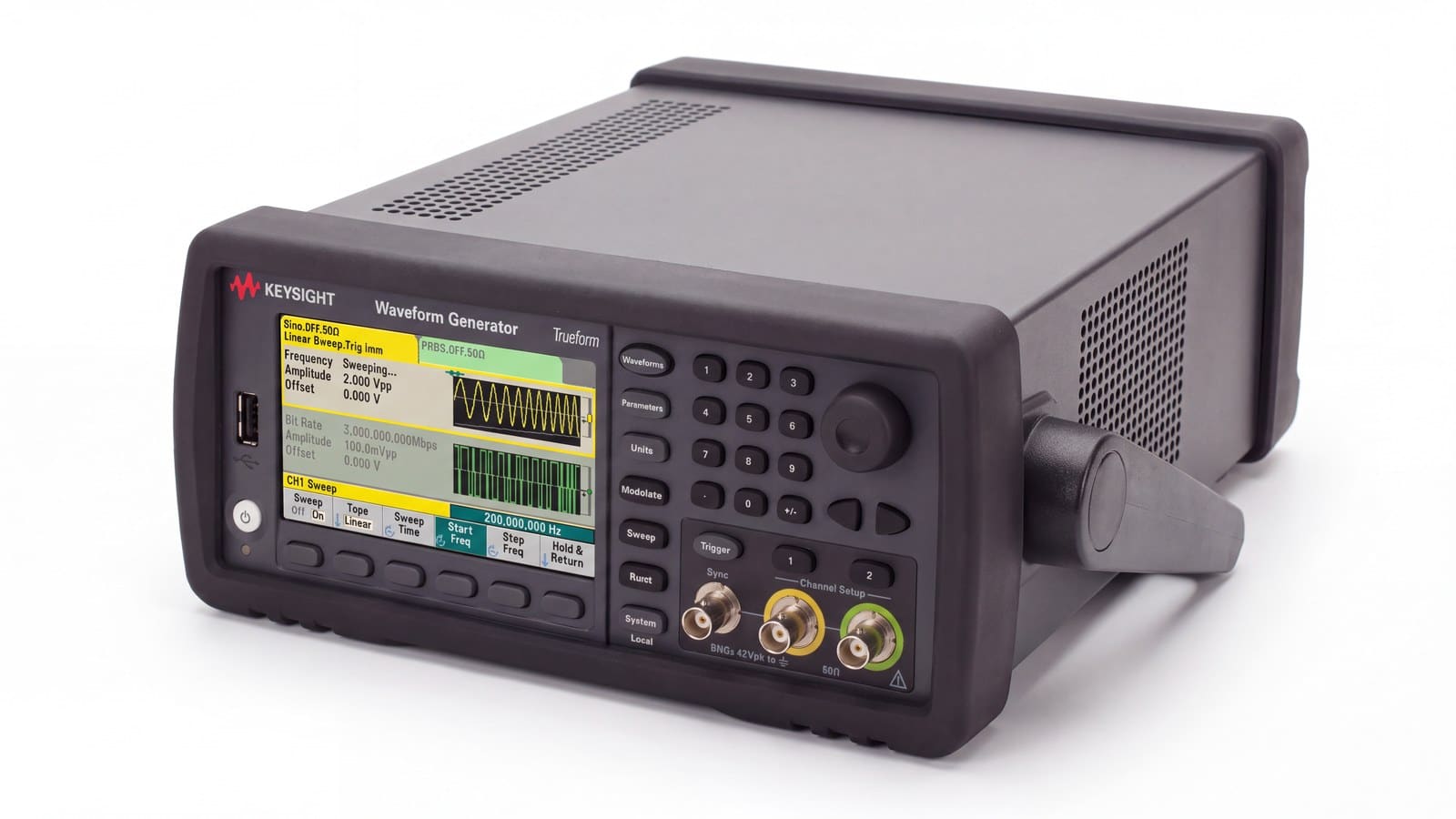 máy phát sóng Keysight dòng Trueform 33600A (ảnh minh họa mặt máy bản 2 kênh; Keysight 33611A là bản 1 kênh) chụp studio nền trắng góc 3/4