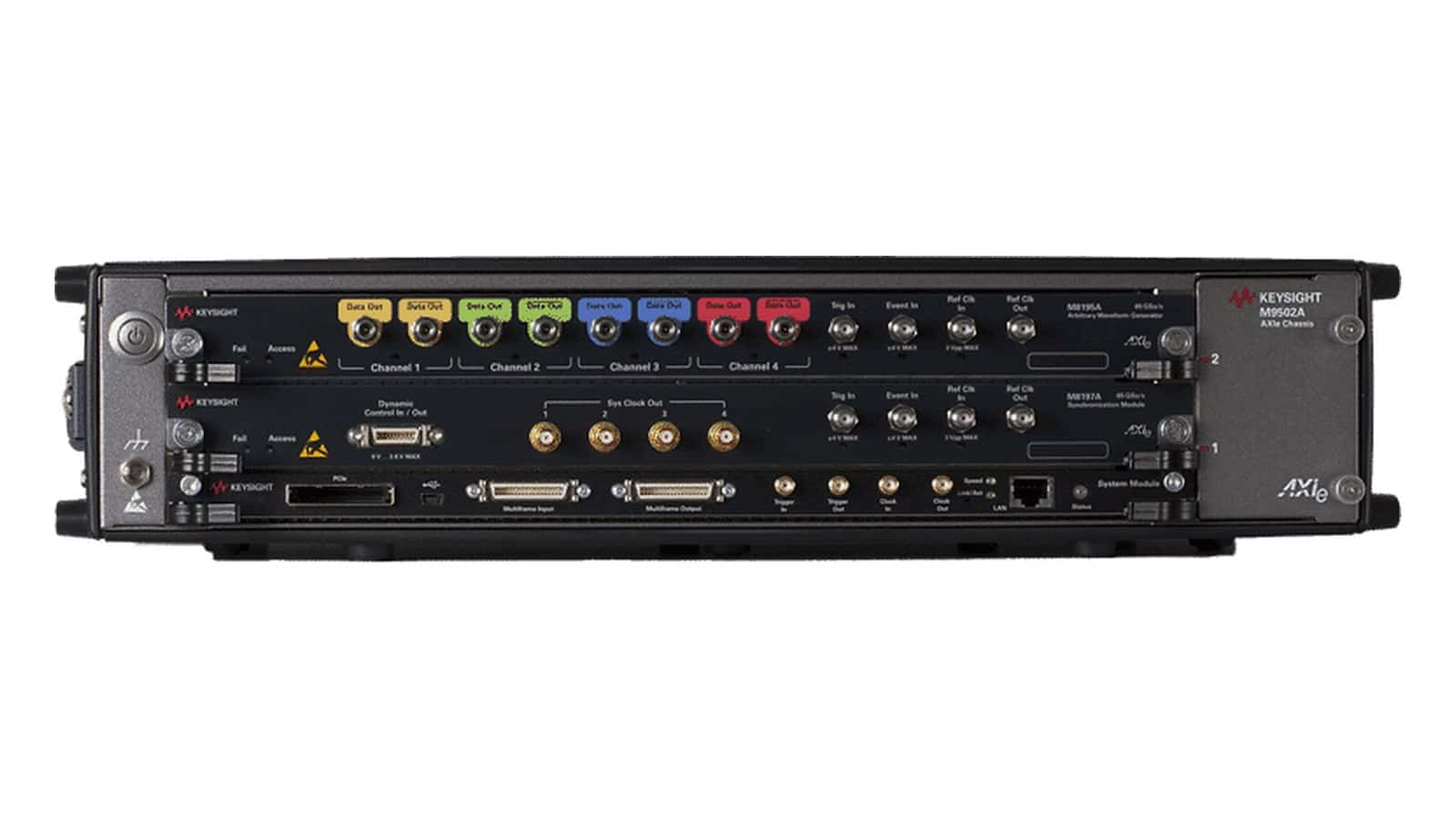 Mặt trước mô-đun Keysight M8195A với các ngõ ra vi sai từng kênh