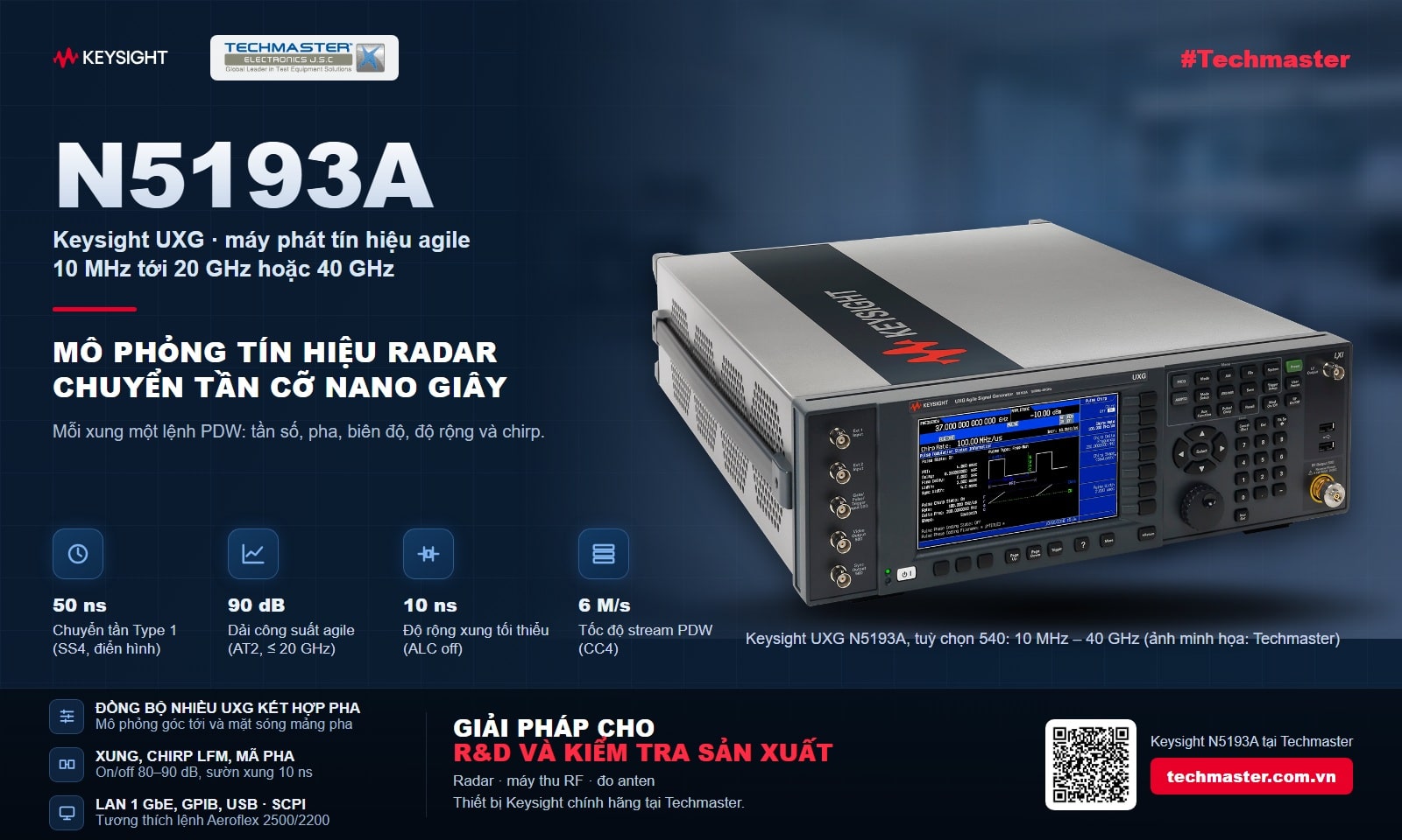 Máy phát tín hiệu agile Keysight UXG N5193A 10 MHz tới 40 GHz: chuyển tần 50 ns, dải công suất agile 90 dB, xung 10 ns, stream PDW 6 triệu xung/giây