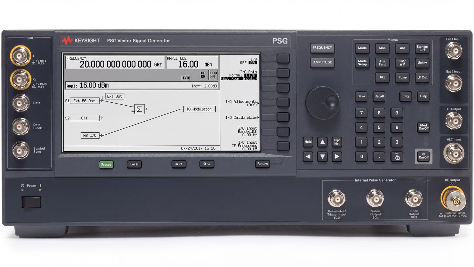 Mặt trước Keysight E8267D PSG với cổng ra RF và các ngõ vào I/Q, điều chế
