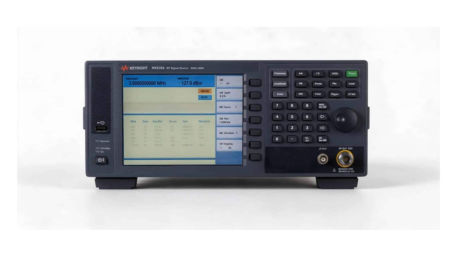 Mặt trước Keysight N9310A với màn hình màu 6,5 inch, núm xoay và cổng RF Type-N