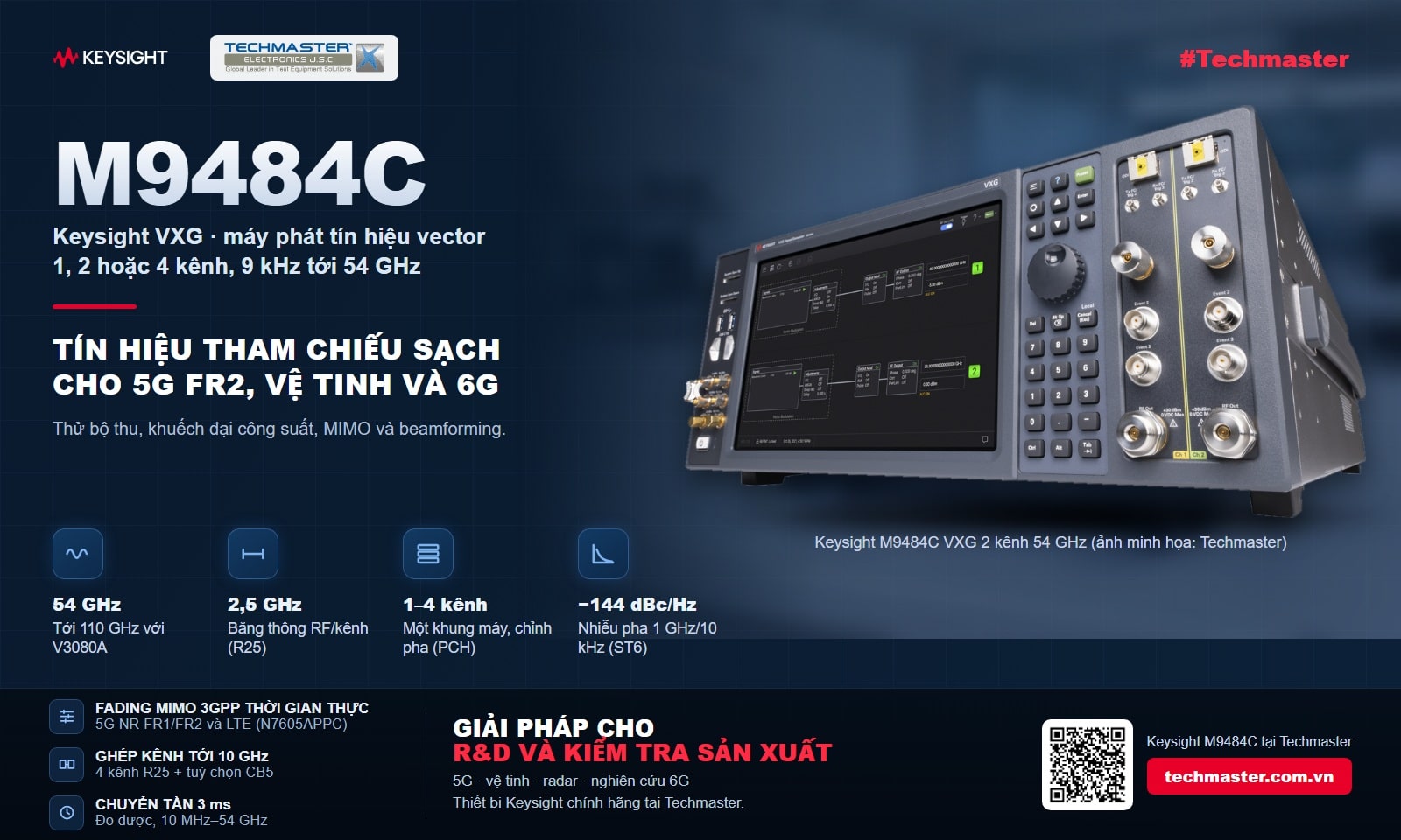 Banner máy phát tín hiệu vector Keysight M9484C VXG: 1, 2 hoặc 4 kênh, 9 kHz tới 54 GHz, băng thông 2,5 GHz mỗi kênh cho 5G FR2, vệ tinh và 6G