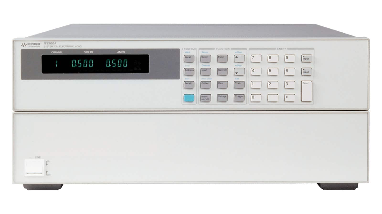 Mặt trước khung Keysight N3300A với màn hình và bàn phím điều khiển mô-đun N3305A