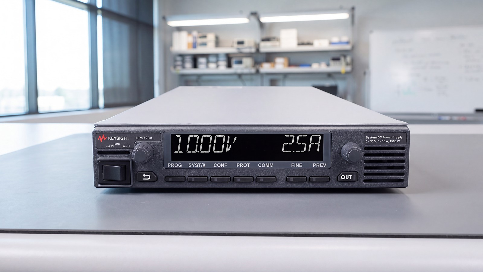 Nguồn DC hệ thống Keysight DP5723A 30 V 50 A 1500 W trên bàn đo trong phòng lab R&D điện tử
