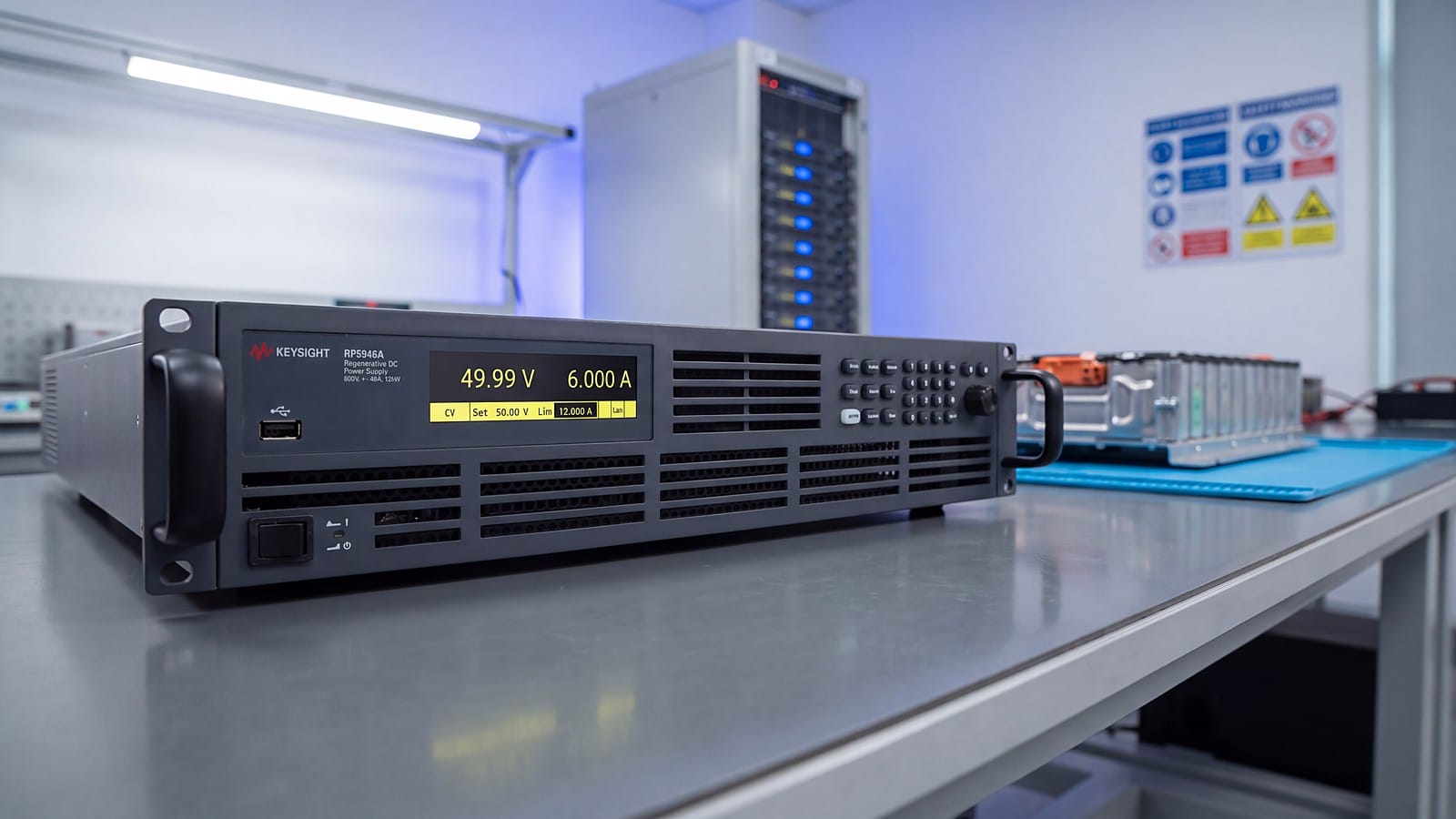 Nguồn DC tái sinh Keysight RP5946A trên bàn đo phòng lab pin và điện tử công suất cạnh mô-đun pin lithium