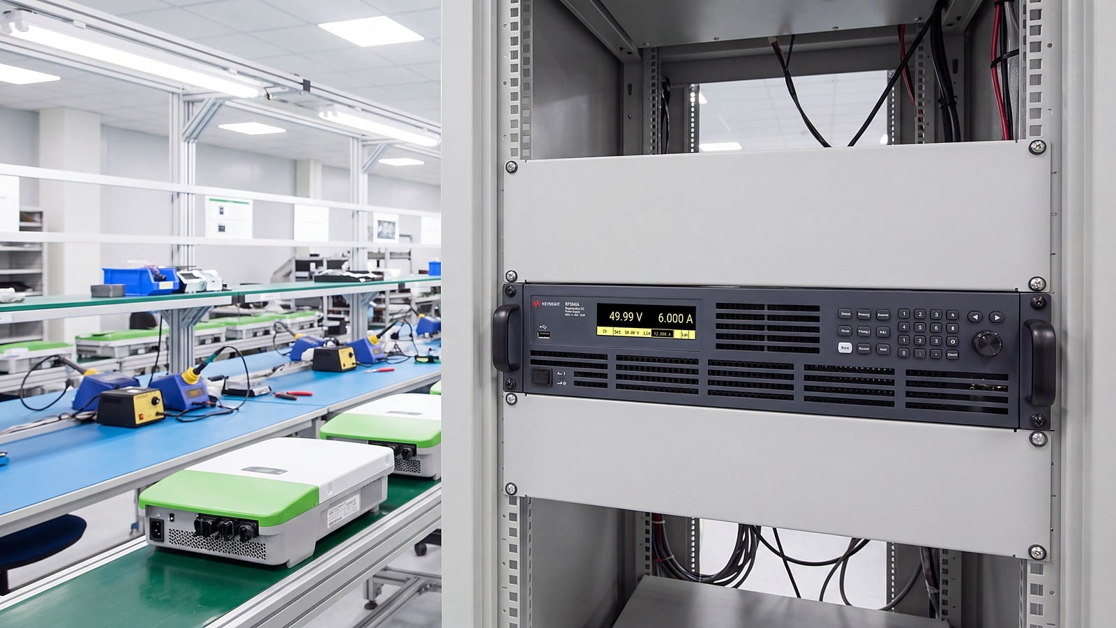 Nguồn DC tái sinh Keysight RP5946A lắp trong tủ rack ATE cạnh dây chuyền sản xuất biến tần điện mặt trời