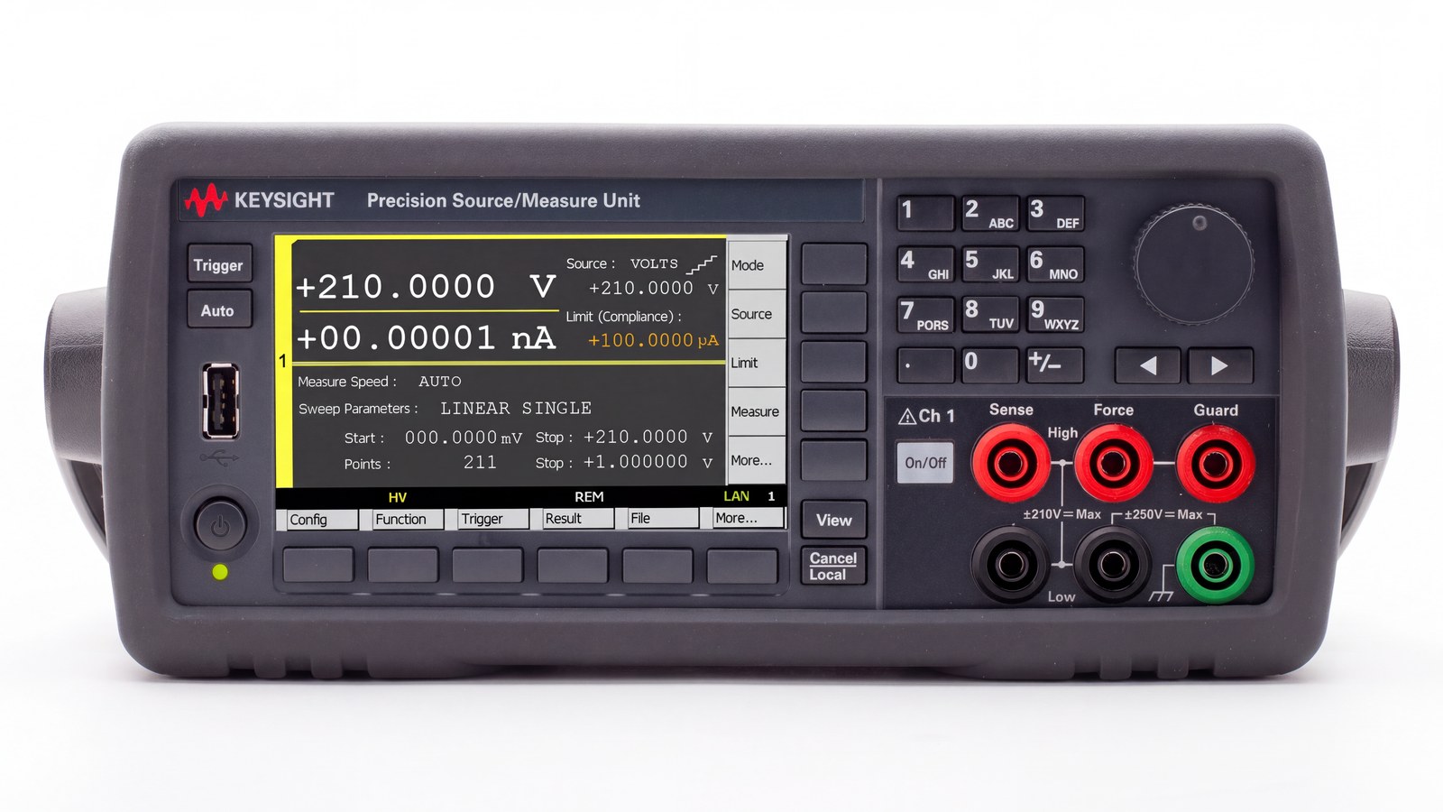 Mặt trước Keysight B2911B với màn hình màu 4,3 inch và cọc đấu banana