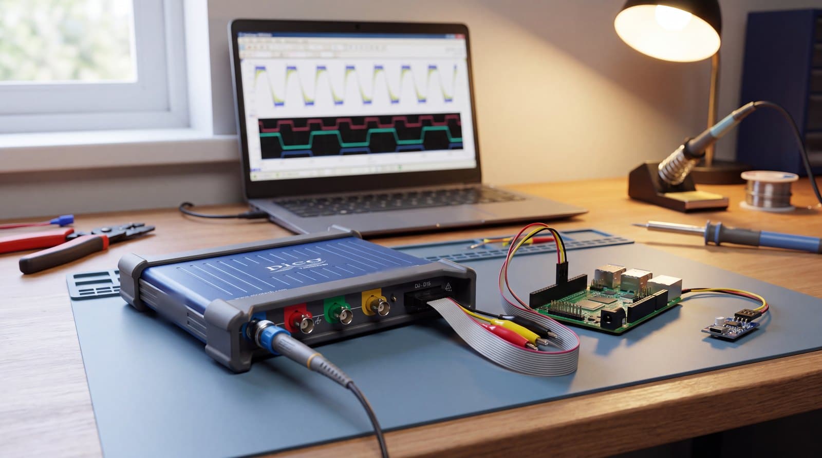 Máy hiện sóng MSO PicoScope 3000D nối kênh logic vào board nhúng để giải mã giao thức I2C