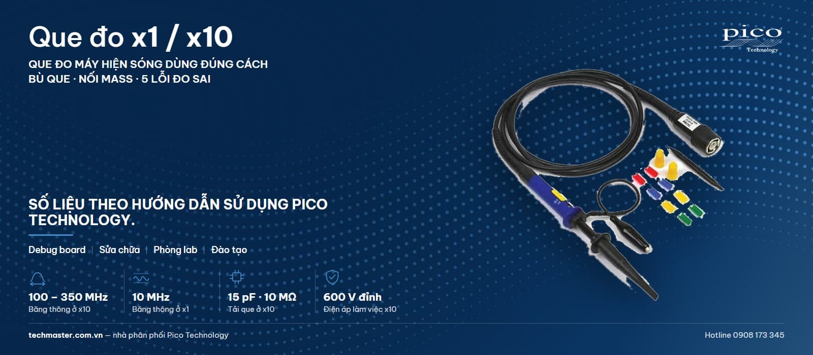 Que đo máy hiện sóng x1/x10 Pico: bù que đo, nối mass và 5 lỗi đo sai