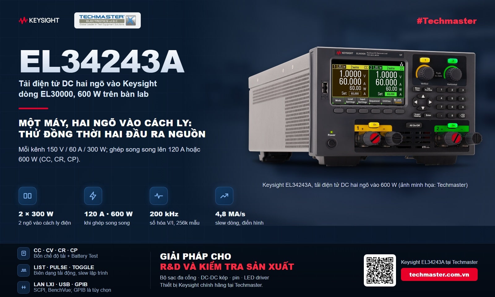 Tải điện tử DC hai ngõ vào Keysight EL34243A: 2 × 300 W, song song 120 A hoặc 600 W, scope số hóa 200 kHz