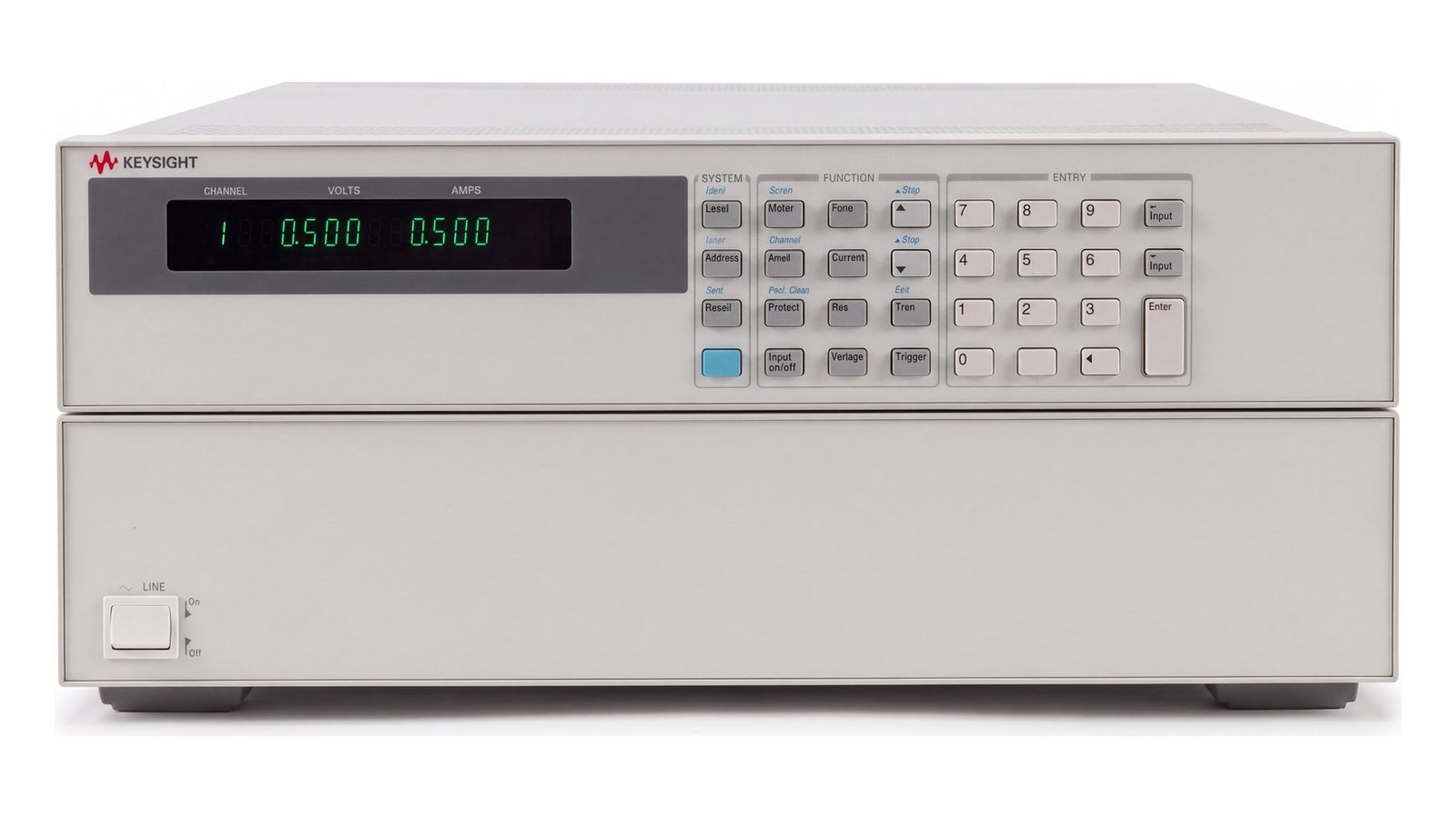 Mặt trước khung N3300A với bàn phím điều khiển mô-đun Keysight N3306A