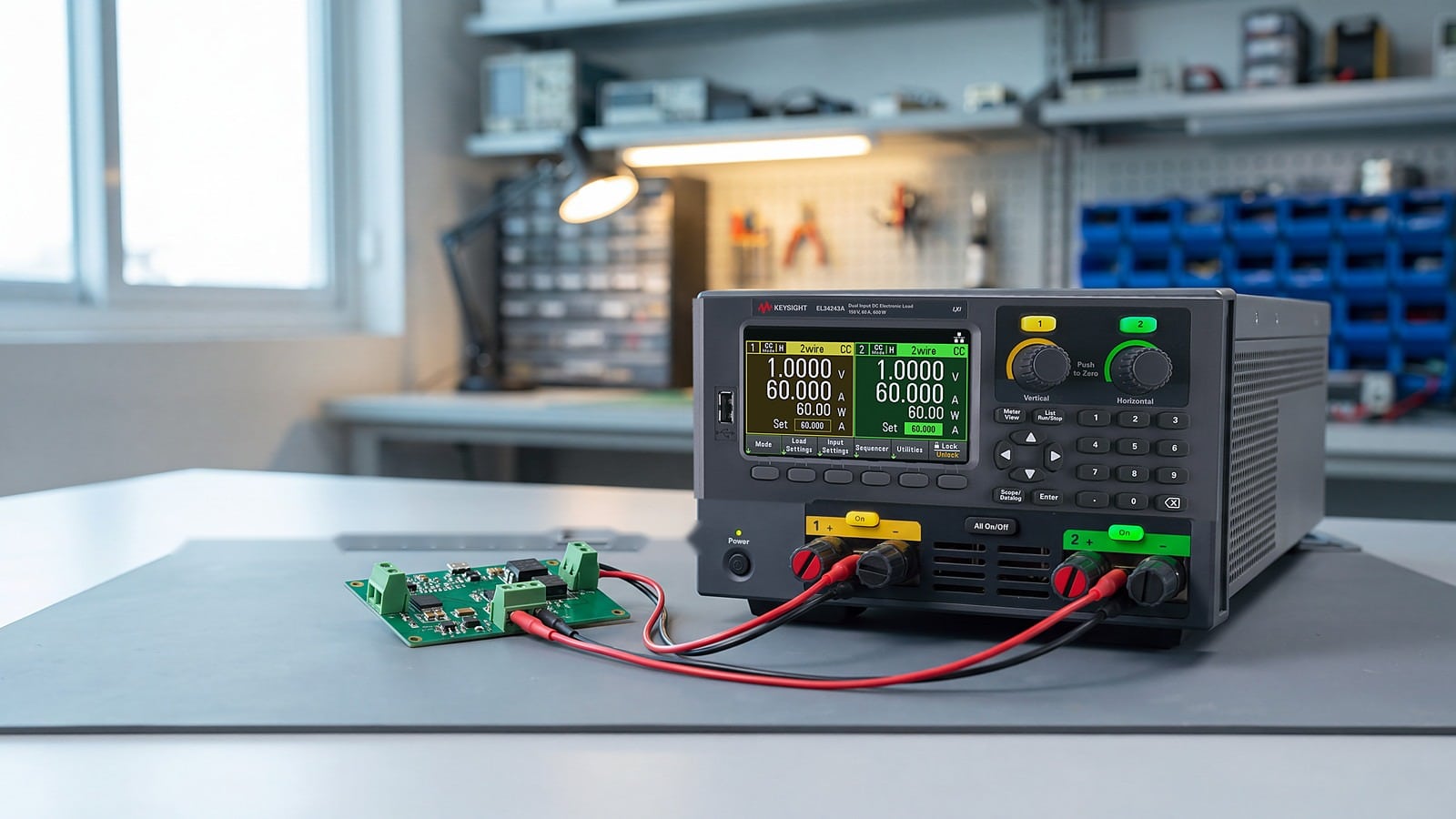 Tải điện tử Keysight EL34243A nối hai kênh vào bo mạch DC-DC hai đầu ra trên bàn thử trong phòng R&D