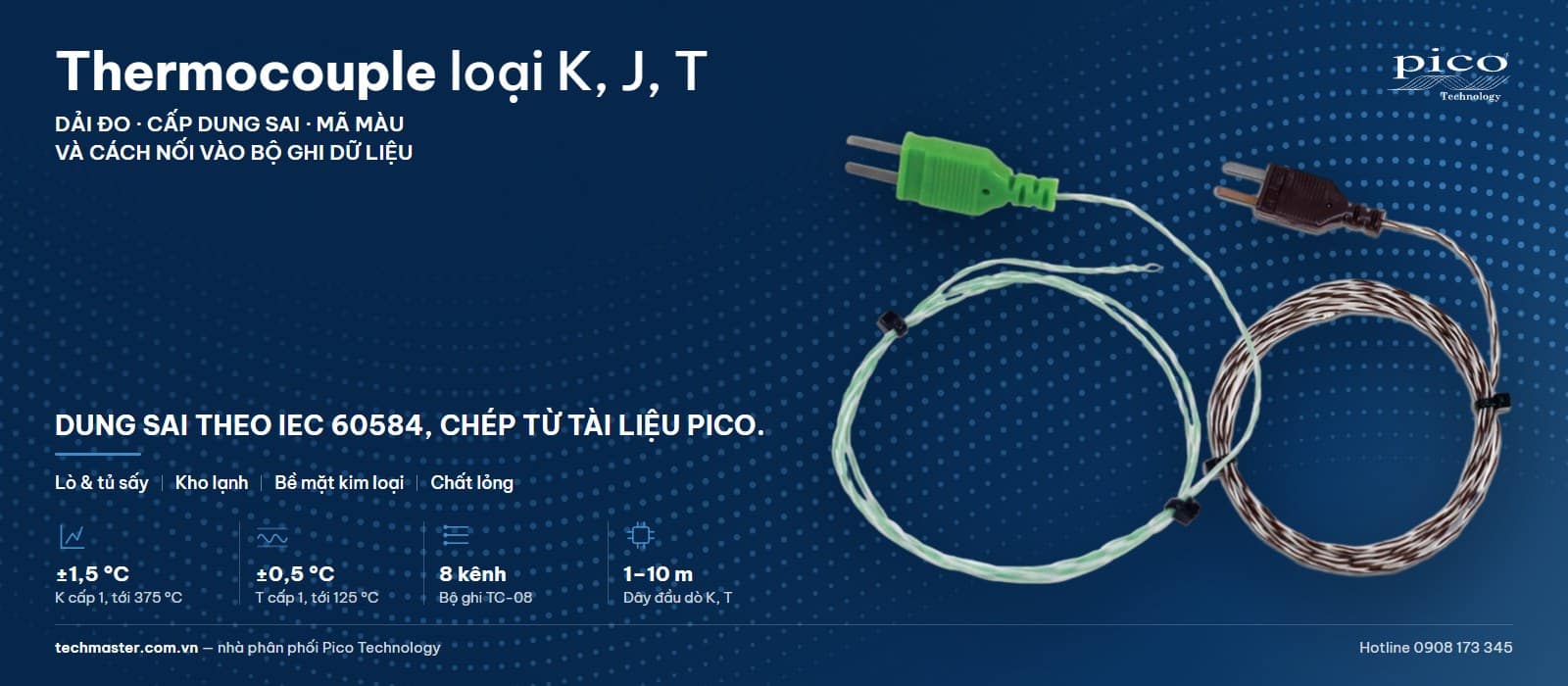 Thermocouple loại K và loại T của Pico — dải đo, cấp dung sai và mã màu
