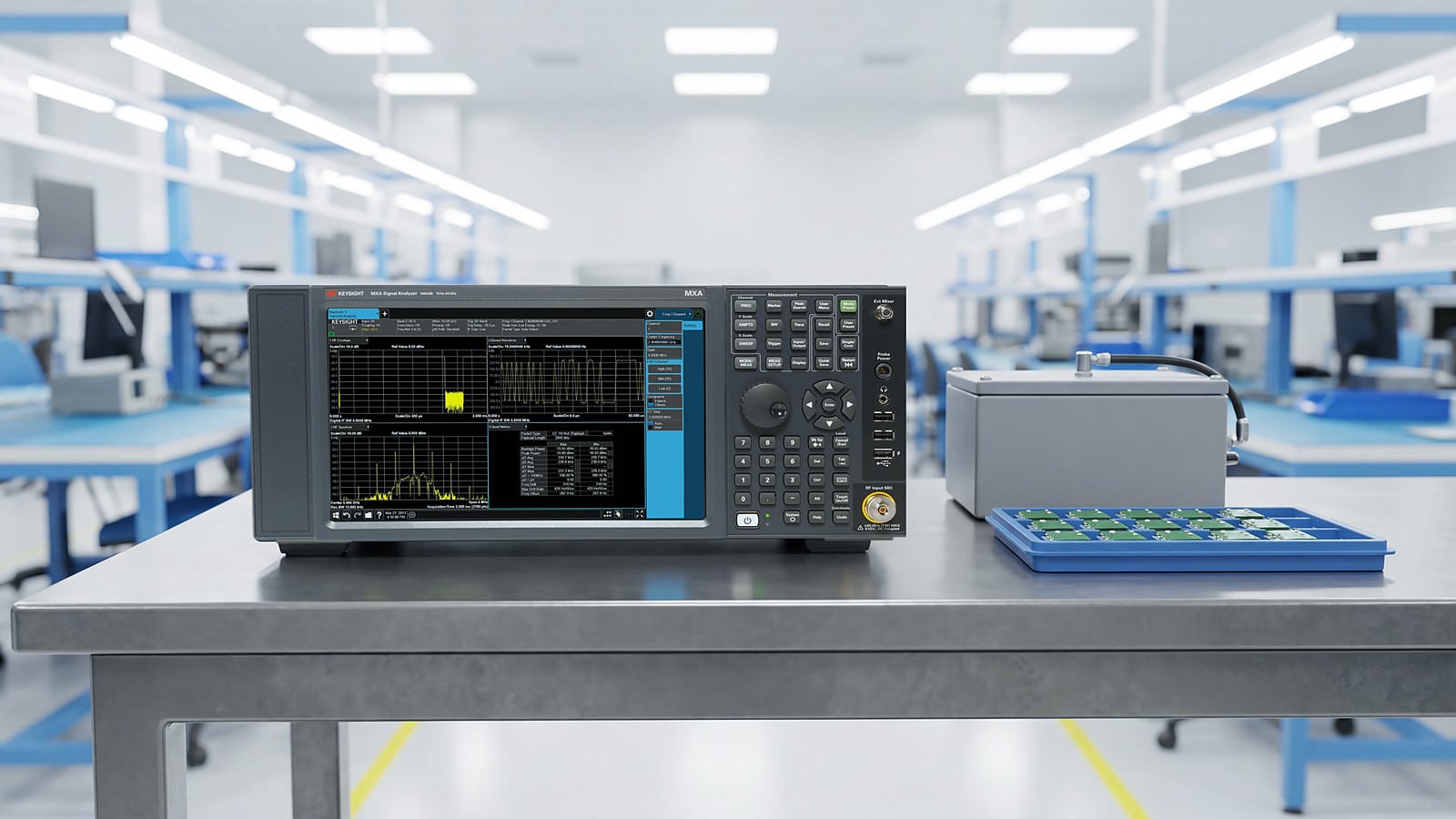 Trạm test Bluetooth Low Energy trong nhà máy điện tử với máy phân tích Keysight MXA, hộp chống nhiễu RF và khay module cảm biến chờ test