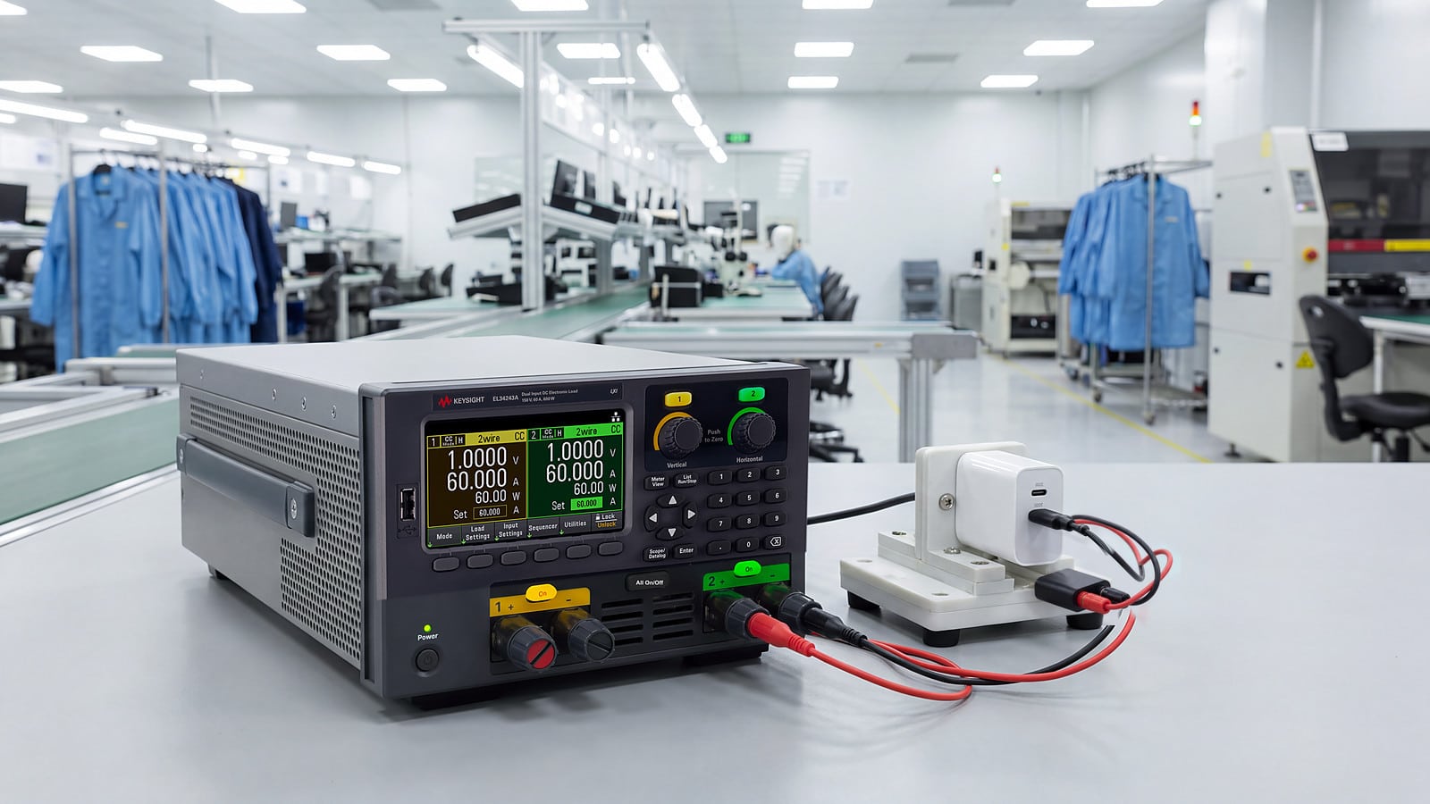 Trạm test bộ sạc USB-C trong nhà máy điện tử với tải điện tử DC hai ngõ vào Keysight EL34243A