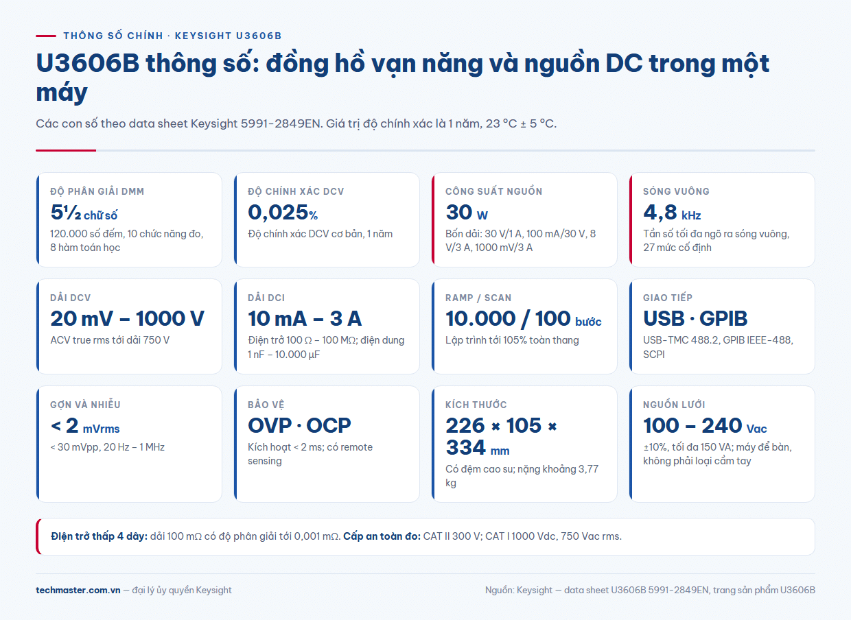 U3606B thông số chính: đồng hồ vạn năng 5½ chữ số, bốn dải nguồn DC 30 W, sóng vuông 4,8 kHz