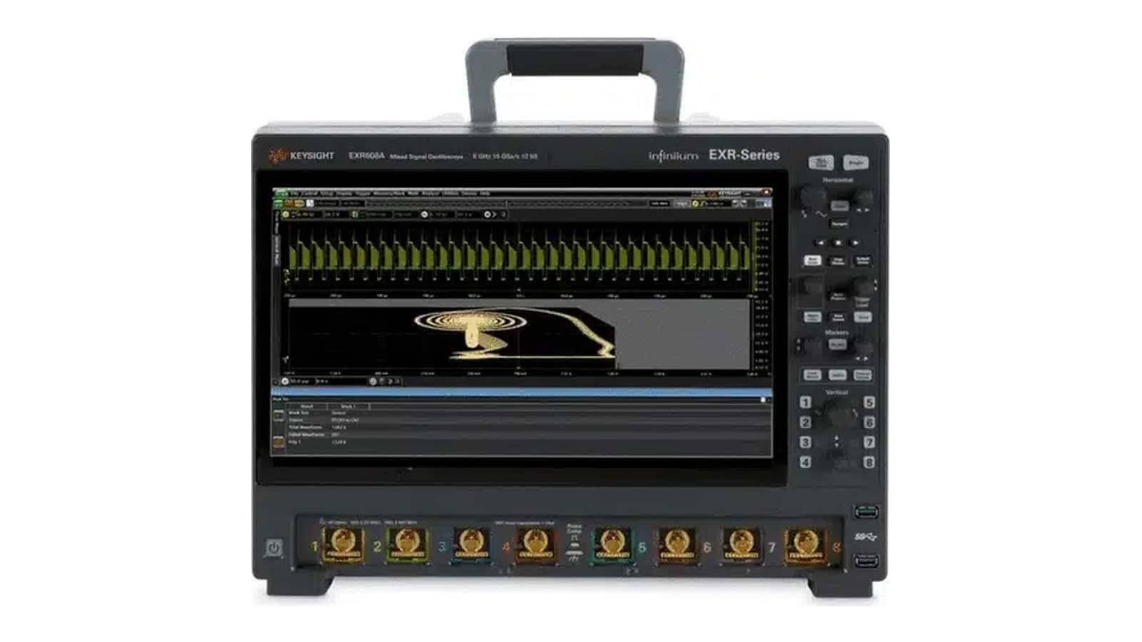 Mặt trước Keysight EXR608A với màn hình cảm ứng 15,6 inch và 8 đầu vào analog