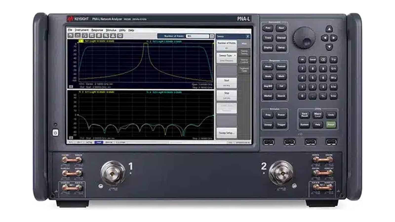 Mặt trước Keysight N5239B với hai cổng test 3,5 mm và màn hình 12,1 inch